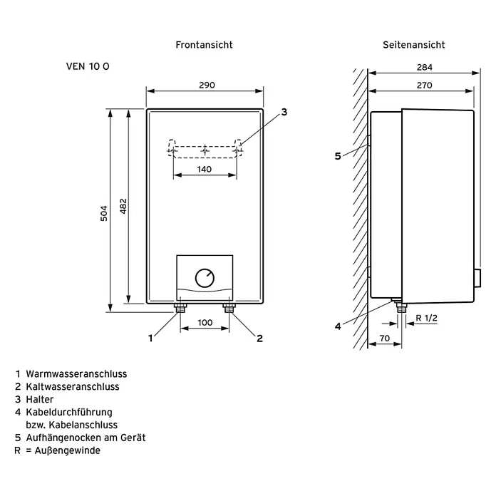 Vaillant Warmwasserspeicher VEN 10 O - 10 l, 2.000 W - Produktabbildung VEN 10 O. Front- und Seitenansicht des Geräts mit Maßangaben, Anschlüssen und Montagepunkten für eine detaillierte Produktbeschreibung.