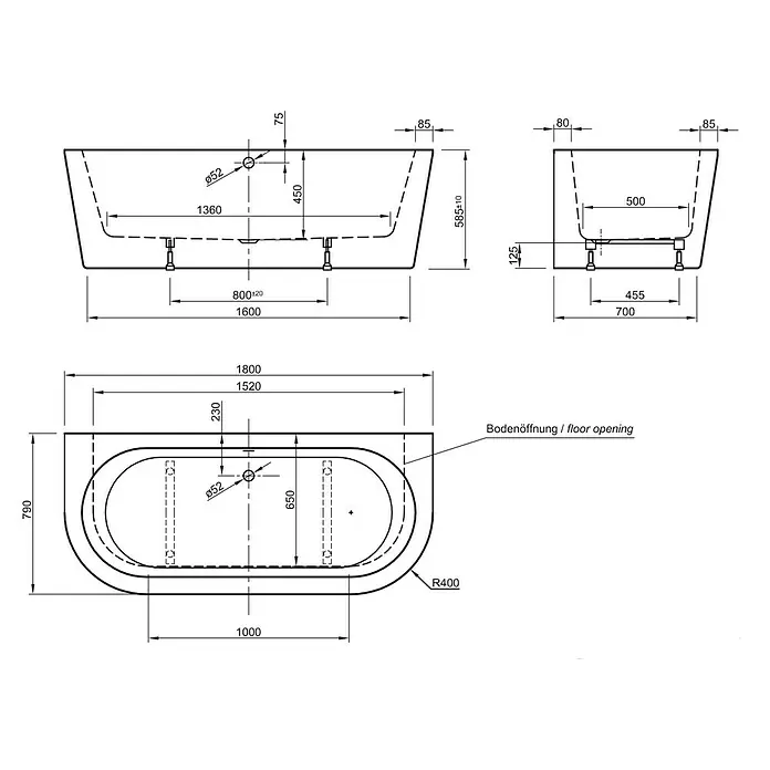 Ottofond Badewanne Siesta - 180 x 79 cm, Sanitäracryl, Weiß - Technische Zeichnung einer Badewanne mit Maßangaben, einschließlich Länge, Breite und Höhe. Die Zeichnung zeigt Details wie den Durchmesser des Abflusses.