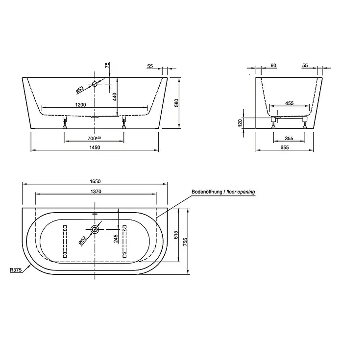 Ottofond Badewanne Siesta - 165 x 75 cm, Sanitäracryl, Weiß - Technische Zeichnung einer Badewanne mit Maßen.