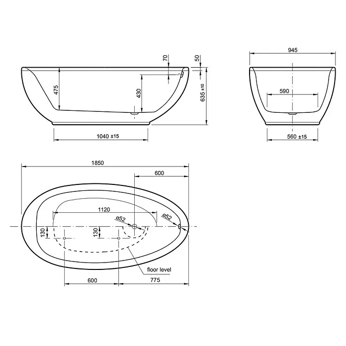 Ottofond Whirlpool Crystal - 185 x 94,5 cm, Sanitäracryl, Weiß, Silent - Technische Zeichnung einer ovalen Badewanne mit Maßangaben zu Länge, Breite und Höhe.