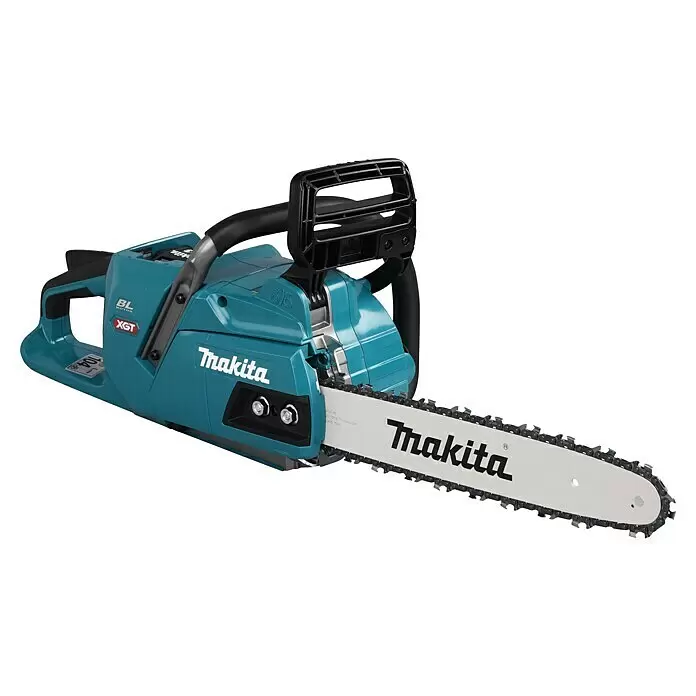 Makita XGT 40V max. Akku-Kettensäge UC011GT101 - 40 V, 5 Ah, Li-Ionen, 1 Akku, Schwertlänge: 35 cm - Makita türkise und schwarze Akku-Kettensäge mit silberner Führungsschiene.