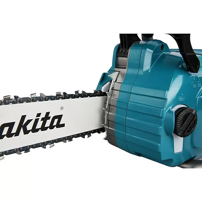 Makita XGT 40V max. Akku-Kettensäge UC011GT101 - 40 V, 5 Ah, Li-Ionen, 1 Akku, Schwertlänge: 35 cm - Nahaufnahme einer türkisfarbenen Kettensäge, die das Blatt mit dem teilweise sichtbaren Makita-Logo und die Schneidkette zeigt.