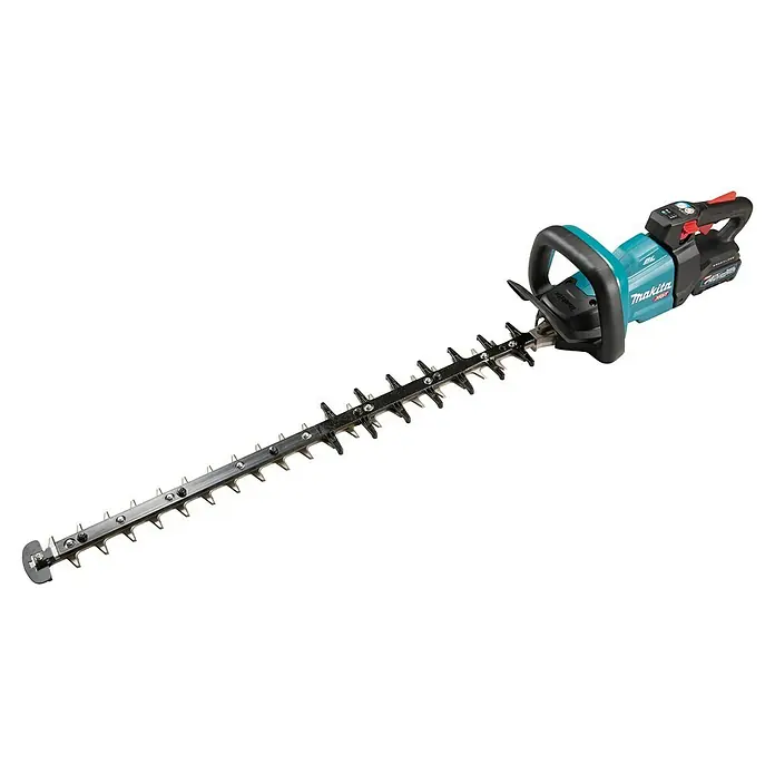 Makita XGT 40V max. Akku-Heckenschere UH007GD201 - 40 V, Li-Ionen, 2 Akkus, Schnittlänge: 75 cm - Aufsicht auf eine Makita Akku-Heckenschere mit langer Schneidevorrichtung vor einem schwarzen Hintergrund.
