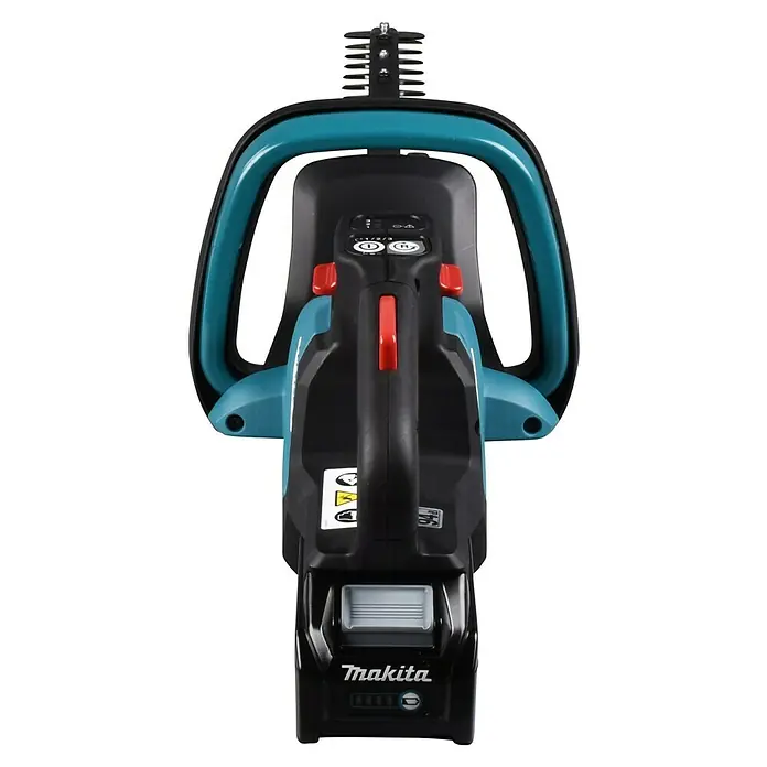 Makita XGT 40V max. Akku-Heckenschere UH007GD201 - 40 V, Li-Ionen, 2 Akkus, Schnittlänge: 75 cm - Makita Akku-Heckenschere mit blauem Griffbügel, schwarzem Gehäuse und Akku. Für präzise Heckenschnitte im Garten.