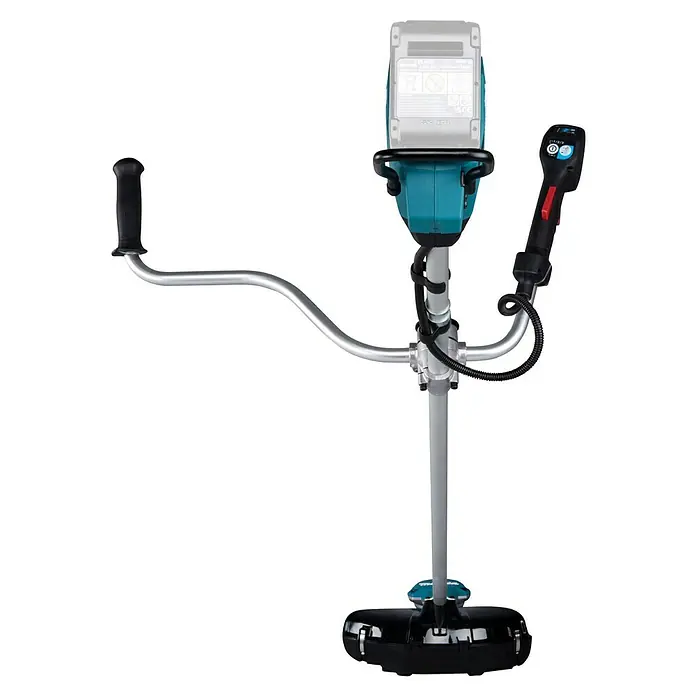 Makita XGT 40V max. Akku-Freischneider UR002GZ01 - 40 V, Ohne Akku - Das Bild zeigt einen Freischneider mit einem schwarzen Schneidkopf, einem silbernen Schaft und zwei Griffen, einer davon mit Bedienelementen.