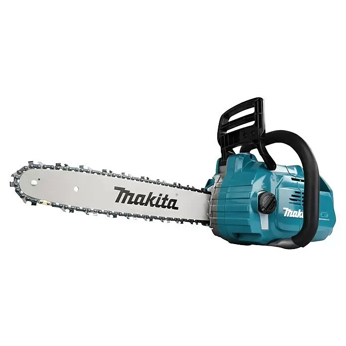 Makita XGT 40V max. Akku-Kettensäge UC011GT101 - 40 V, 5 Ah, Li-Ionen, 1 Akku, Schwertlänge: 35 cm - Makita Kettensäge mit blaugrünem Gehäuse, schwarzen Griffen und einem silbernen Schwert mit Sägekette.