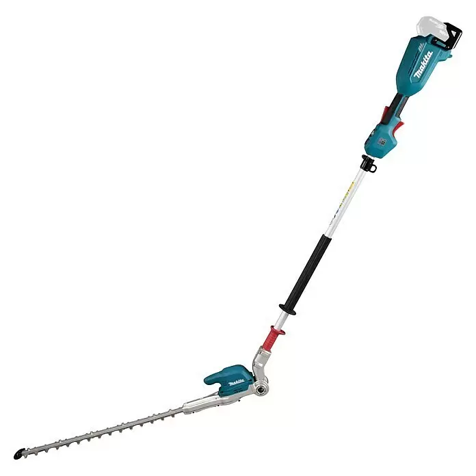 Makita LXT 18V Akku-Heckenschere DUN500WZ - 18 V, Li-Ionen, Ohne Akku - Makita Akku-Heckenschere mit langem Stiel in Türkis und Silber, schwarzem Griff und langer silberner Schneide.