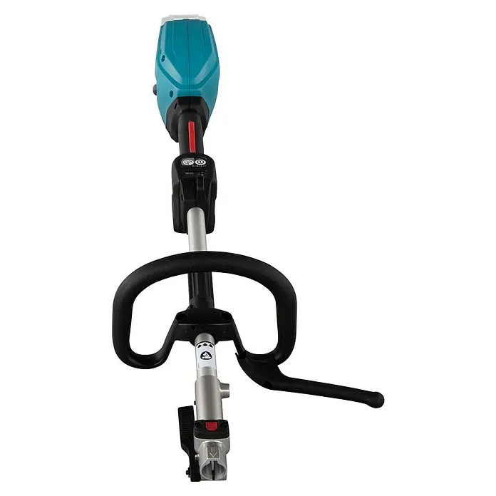 Makita XGT 40V max. Akku-Multifunktionswerkzeug UX01GZ01 inkl. Sensenaufsatz EM404MP - 40 V, Ohne Akku - Nahaufnahme eines Akku-Rasentrimmers mit blauem Griff und schwarzem Bügelgriff. Das Gerät ist vor einem schwarzen Hintergrund abgebildet.