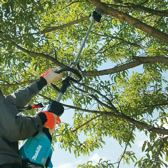 Makita XGT 40V max. Akku-Multifunktionswerkzeug UX01GZ01 inkl. Sensenaufsatz EM404MP - 40 V, Ohne Akku - Eine Person in Handschuhen verwendet eine türkis-schwarze Makita Hochentaster, um Äste zu schneiden.