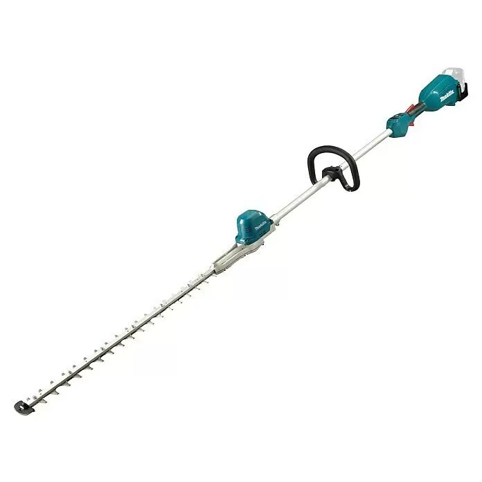 Makita LXT 18V Akku-Heckenschere DUN600LZ - 18 V, Li-Ionen, Ohne Akku - Makita Langstiel-Heckenschere mit türkisen und silbernen Akzenten, schwarzem Griff und langer Klinge.