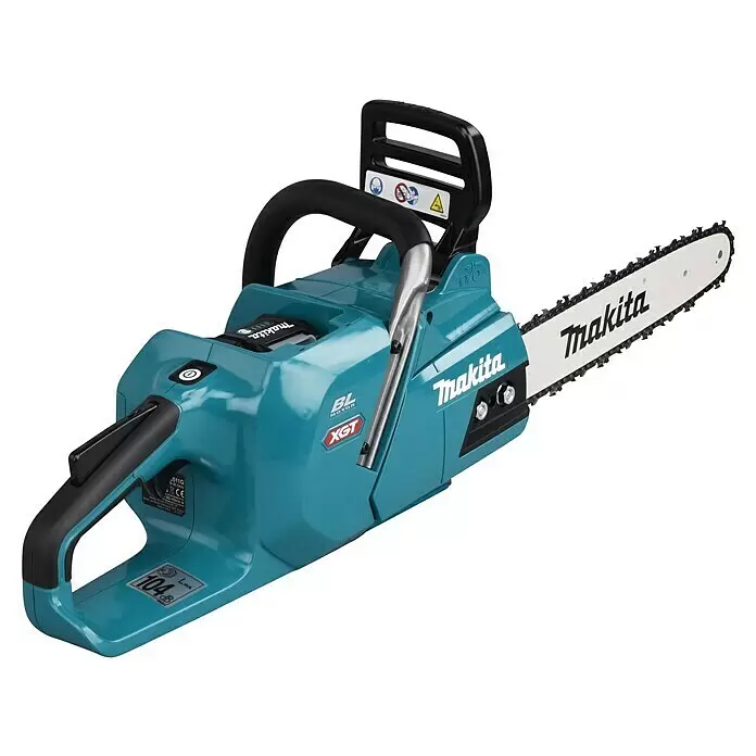 Makita XGT 40V max. Akku-Kettensäge UC011GT101 - 40 V, 5 Ah, Li-Ionen, 1 Akku, Schwertlänge: 35 cm - Makita Akku-Kettensäge in Türkis mit schwarzen Griffen und silbernem Schwert, mit BL Motor und XGT Technologie.