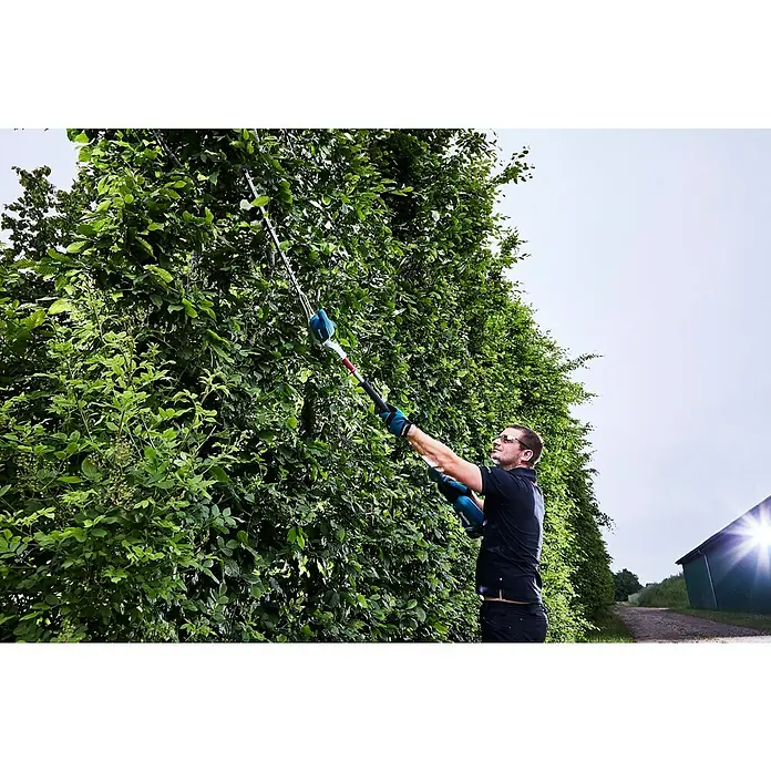 Makita LXT 18V Akku-Heckenschere DUN500WZ - 18 V, Li-Ionen, Ohne Akku - Ein Mann schneidet mit einer Akku-Heckenschere eine hohe Hecke. Das Gerät ermöglicht präzise und mühelose Gartenarbeit.