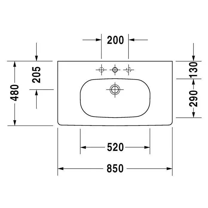 Duravit D-Code Waschtisch - 85 x 48 cm, Ohne Spezialglasur, Hahnloch: Mitte, Mit Überlauf, Weiß - Technische Zeichnung eines Waschbeckens mit Bemaßung für Installationszwecke.