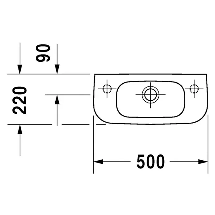 Duravit D-Code Waschbecken - 50 x 22 cm, Ohne Spezialglasur, Hahnloch: Rechts, Mit Überlauf, Weiß - Schema des Waschbeckens mit den Maßen 220 x 90 und einer Breite von 500 mm. Präzise technische Zeichnung für Installation und Design.