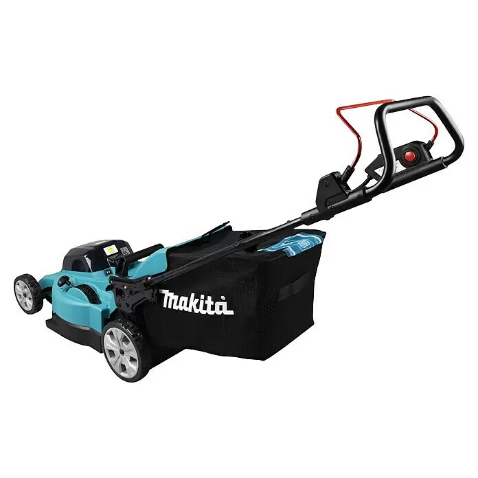 Makita LXT 18V Akku-Rasenmäher DLM480PT2 - 36 V, 2 Akkus, 5 Ah, Schnittbreite: 48 cm - Ein blau-schwarzer Makita Akku-Rasenmäher mit schwarzem Grasfangsack und roten Akzenten am Griff.