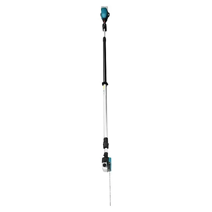 Makita LXT 18V Akku-Hochentaster DUA301Z - 36 V, Ohne Akku, Schwertlänge: 30 cm - Eine Hochentaster mit türkisfarbener Antriebseinheit, schwarzem Griff und silbernem Schaft, mit weißem Schneidkopf und Kette.