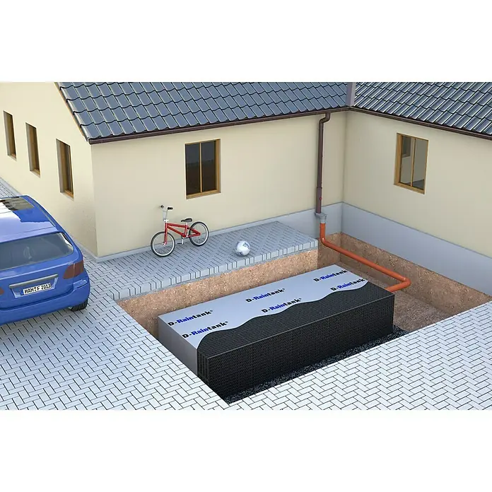 FunkeGruppe Fallrohrbogen - Nennweite: 50 mm, Winkel: 87 °, Kunststoff, Braun - Ein unterirdischer D-Raintank zur Regenwassernutzung ist in einem Hausgarten installiert, umweltfreundliche Lösung.