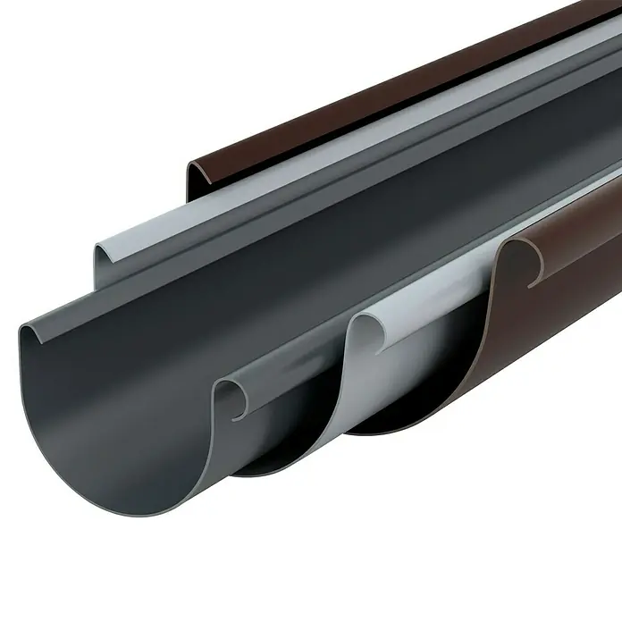 FunkeGruppe Dachrinne - Nennweite: 100 mm, Länge: 200 cm, Kunststoff, Braun - Nahaufnahme einer Dachrinne in verschiedenen Schichten und Farben auf schwarzem Hintergrund, die die Struktur und Materialien hervorhebt.