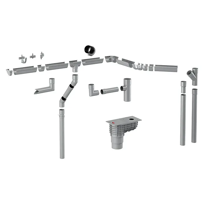 FunkeGruppe Dachrinne Vario - Nennweite: 70 mm, Länge: 300 cm, Kunststoff, Braun - Eine detaillierte Ansicht eines Regenrinnensystems, das verschiedene Komponenten wie Rohre, Verbindungsstücke und Halterungen umfasst.