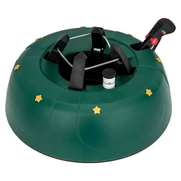 Christbaumständer Start 2 - 34 x 10,5 cm, Kunststoff, Rund, Max_Baumlaenge: 2,5 Meter (m) - Grüner Weihnachtsbaumständer mit schwarzen Klemmen, Stahlseil, Wasserstandsanzeige und Bedienhebel, verziert mit gelben Sternen.