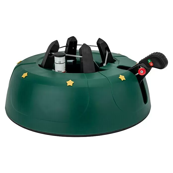 Christbaumständer Start 2 - 34 x 10,5 cm, Kunststoff, Rund, Max_Baumlaenge: 2,5 Meter (m) - Grüner Kunststoff-Christbaumständer mit schwarzen Klammern, Wasserstandsanzeige und Fußpedal zum Fixieren eines Baumes, verziert mit gelben Sternen.