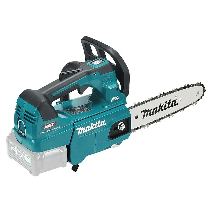 Makita XGT 40V max. Akku-Kettensäge UC002GZ - Li-Ionen, Ohne Akku, Schwertlänge: 25 cm - Bild einer Makita Akku-Kettensäge mit blaugrünem Gehäuse und schwarzem Griff, mit Akku und Kette.