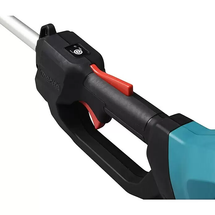 Makita LXT 18V Akku-Hochentaster DUA301Z - 36 V, Ohne Akku, Schwertlänge: 30 cm - Nahaufnahme eines schwarzen Elektrowerkzeuggriffs mit rotem Abzug und Sicherheitshebel, mit Ein-/Aus-Taste und Geschwindigkeitsstufen 1, 2, 3.