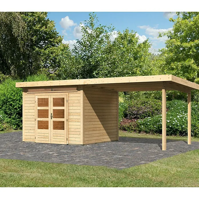 Karibu Gartenhaus Kandern 6 - Außenmaß inkl. Dachüberstand (B x T): 612 x 303 cm, Holz, Natur - Abbildung eines Holzschuppens mit Vordach im Garten.