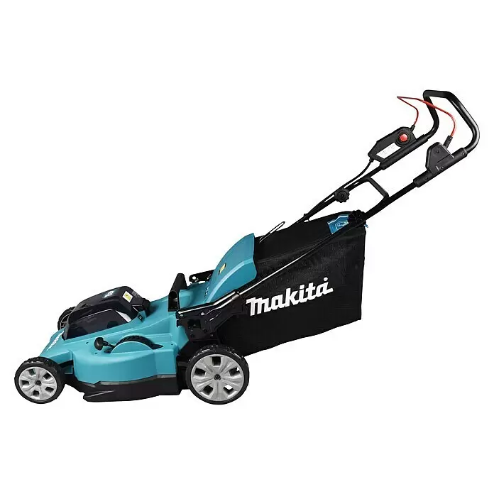 Makita LXT 18V Akku-Rasenmäher DLM480PT2 - 36 V, 2 Akkus, 5 Ah, Schnittbreite: 48 cm - Makita Akku-Rasenmäher in Türkis und Schwarz mit Grasfangsack und ergonomischem Griff.