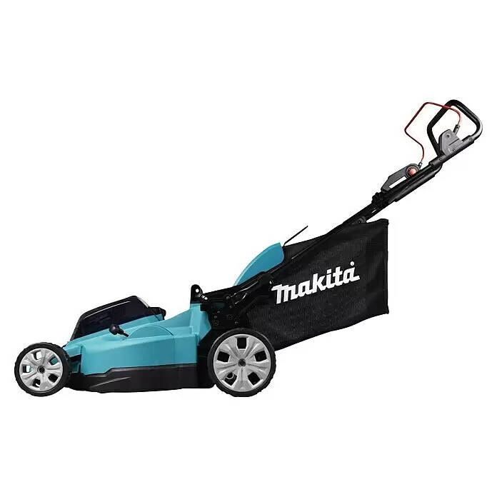 Makita LXT 18V Akku-Rasenmäher DLM480PT2 - 36 V, 2 Akkus, 5 Ah, Schnittbreite: 48 cm - Makita Akku-Rasenmäher in Hellblau und Schwarz mit Grasfangsack und rotem Griffakzent.
