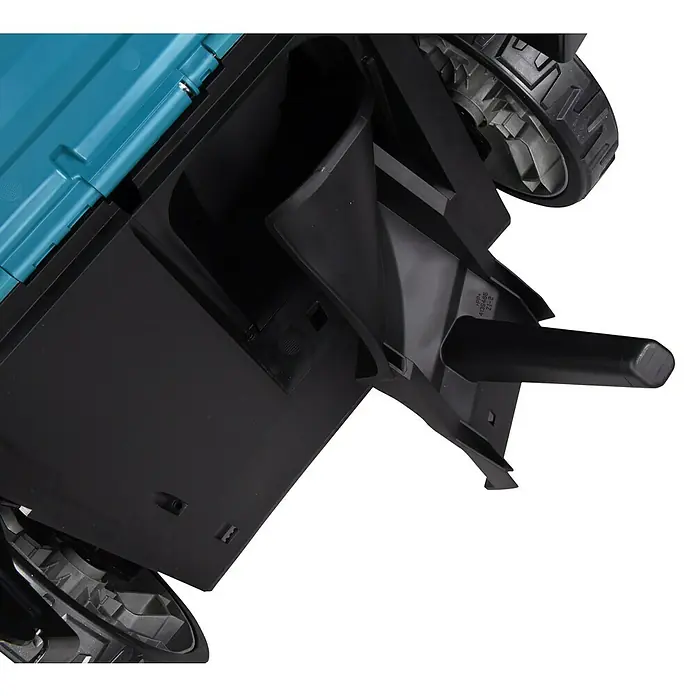 Makita LXT 18V Akku-Rasenmäher DLM480PT2 - 36 V, 2 Akkus, 5 Ah, Schnittbreite: 48 cm - Detailaufnahme des schwarzen Unterteils eines blauen Produkts mit Rädern.