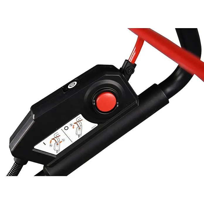 Makita LXT 18V Akku-Rasenmäher DLM480PT2 - 36 V, 2 Akkus, 5 Ah, Schnittbreite: 48 cm - Nahaufnahme der Bedienelemente eines Rasenmähers, Fokus auf den roten Startknopf und die zugehörigen Sicherheitshinweise.