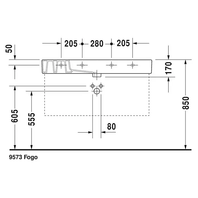 Duravit Vero Waschtisch - 105 x 49 cm, Ohne Spezialglasur, Hahnloch: Mitte, Mit Überlauf, Weiß, Ungeschliffen - Technische Zeichnung des 9573 Fogo Waschbeckens mit detaillierten Maßangaben für Installation und Design.