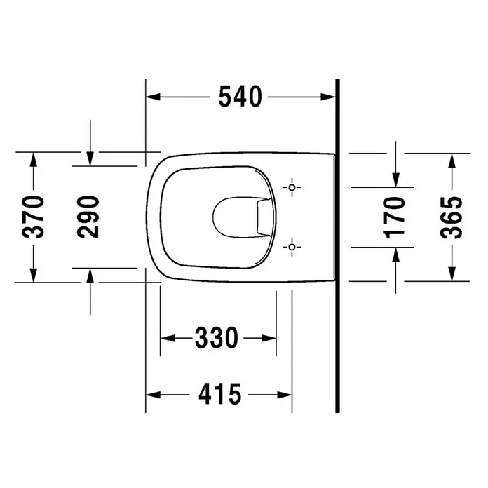 Duravit DuraStyle Wand-WC - Spülrandlos, Ohne Spezialglasur, Spülform: Tief, Sichtbarkeit Befestigung: Sichtbar, Weiß - Detaillierte Skizze eines WC-Beckens mit Bemaßungen für Installation und Designplanung.