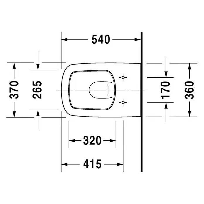 Duravit DuraStyle Wand-WC Typ 1 - Mit Spülrand, Mit schmutzabweisender Glasur, Spülform: Tief, WC Abgang: Waagerecht, Weiß - Technische Zeichnung einer Toilette mit Bemaßung. Die Maße sind in Millimetern angegeben und zeigen die Abmessungen der Toilette.