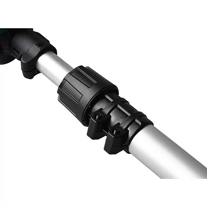 Makita LXT 18V Akku-Hochentaster DUA301Z - 36 V, Ohne Akku, Schwertlänge: 30 cm - Schwarze Kunststoffkupplung verbindet zwei silberne Metallrohre mit verstellbarer Klemme und Hitzewarnsymbol.