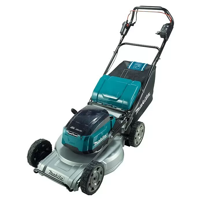 Makita LXT 18V Akku-Rasenmäher DLM537Z - 36 V, Ohne Akku, Schnittbreite: 53 cm - Türkis-silberner Makita Akku-Rasenmäher mit schwarzem Griff und Fangkorb.