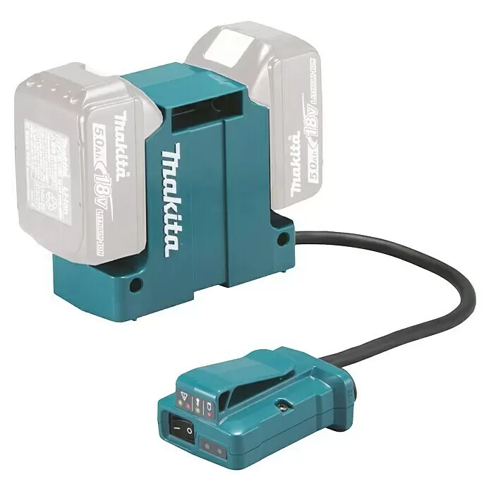 Makita LXT 18V Akku-Astschere DUP361Z -  - Türkisfarbener Makita Akku-Adapter für zwei 18V 5.0Ah Li-ion Akkus, verbunden per Kabel mit Schalter- und Anzeige-Einheit.