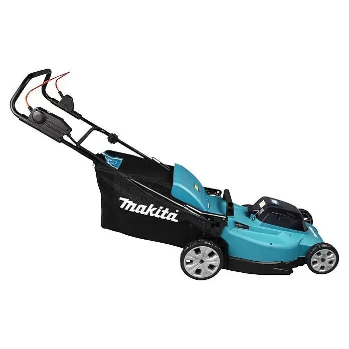 Makita LXT 18V Akku-Rasenmäher DLM480PT2 - 36 V, 2 Akkus, 5 Ah, Schnittbreite: 48 cm - Türkiser und schwarzer Makita Akku-Rasenmäher mit Grasfangsack und ergonomischen Griffsteuerungen.