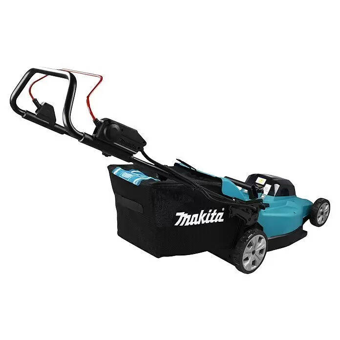 Makita LXT 18V Akku-Rasenmäher DLM480PT2 - 36 V, 2 Akkus, 5 Ah, Schnittbreite: 48 cm - Makita Akku-Rasenmäher mit blaugrünem Gehäuse, schwarzem Griff und Grasfangkorb.