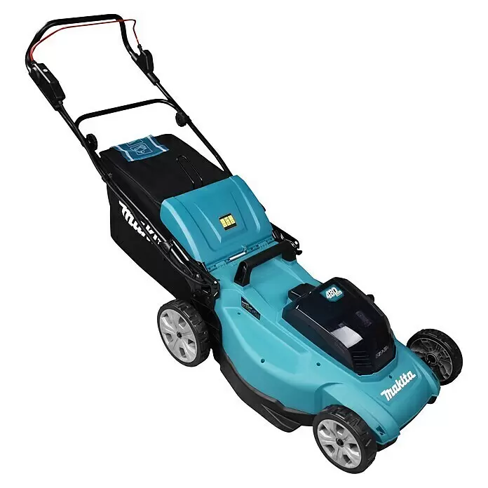 Makita LXT 18V Akku-Rasenmäher DLM480PT2 - 36 V, 2 Akkus, 5 Ah, Schnittbreite: 48 cm - Makita Akku-Rasenmäher in Hellblau und Schwarz mit Fangkorb und ergonomischen Griffen.