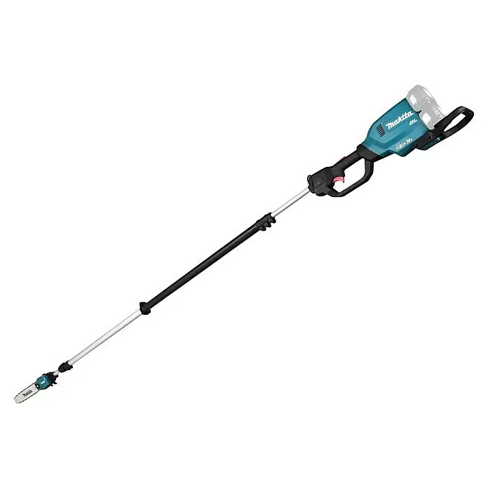 Makita LXT 18V Akku-Hochentaster DUA301Z - 36 V, Ohne Akku, Schwertlänge: 30 cm - Makita Akku-Hochentaster mit türkisfarbenem und schwarzem Gehäuse, Verlängerungsstange und Kettensägenaufsatz.