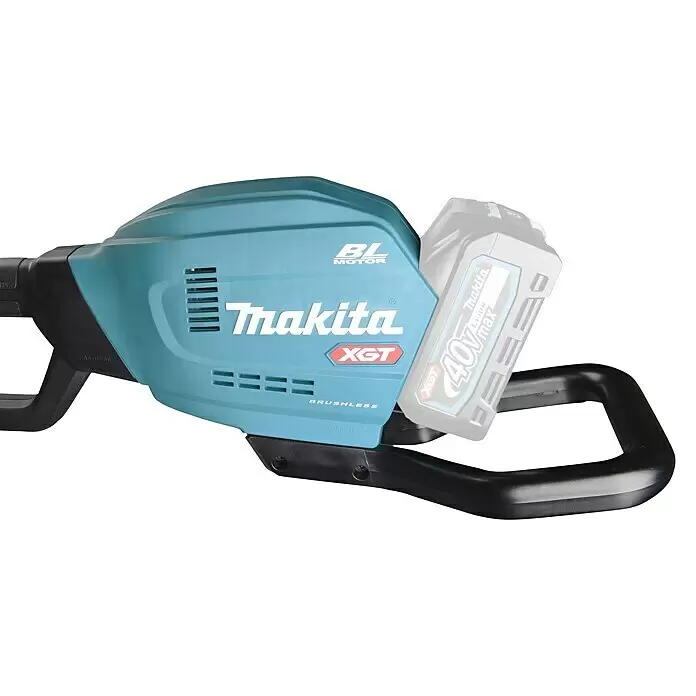 Makita XGT 40V max. Akku-Hochentaster UA004GZ - 40 V, Ohne Akku, Schwertlänge: 30 cm - Teal Makita Elektrowerkzeug mit schwarzem Griff und angebrachtem grauen Makita 40V max XGT Akku.