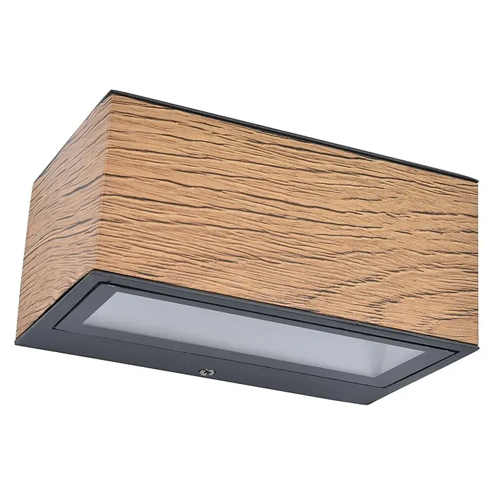 Lutec LED-Außenwandleuchte Gemini - 10,5 W, 14 x 8,9 x 6,5 cm, Anthrazit/holzfarben, IP54 - Eine moderne Wandleuchte in Holzoptik mit einem schwarzen Rahmen und einem rechteckigen Lichtausschnitt.