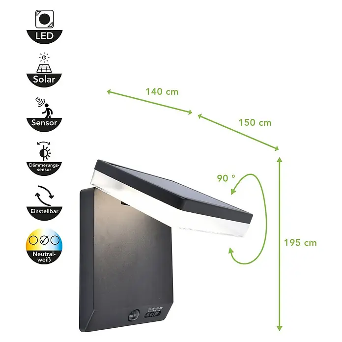 Lutec Solar-Außenwandleuchte Moze - 8 W, L x B x H: 19,5 x 14 x 15 cm, Schwarz matt, IP44, 1.000 lm - Produktbild einer Solar-LED-Wandleuchte mit Bewegungssensor und einstellbarer Lichtfarbe, inklusive Maßangaben.