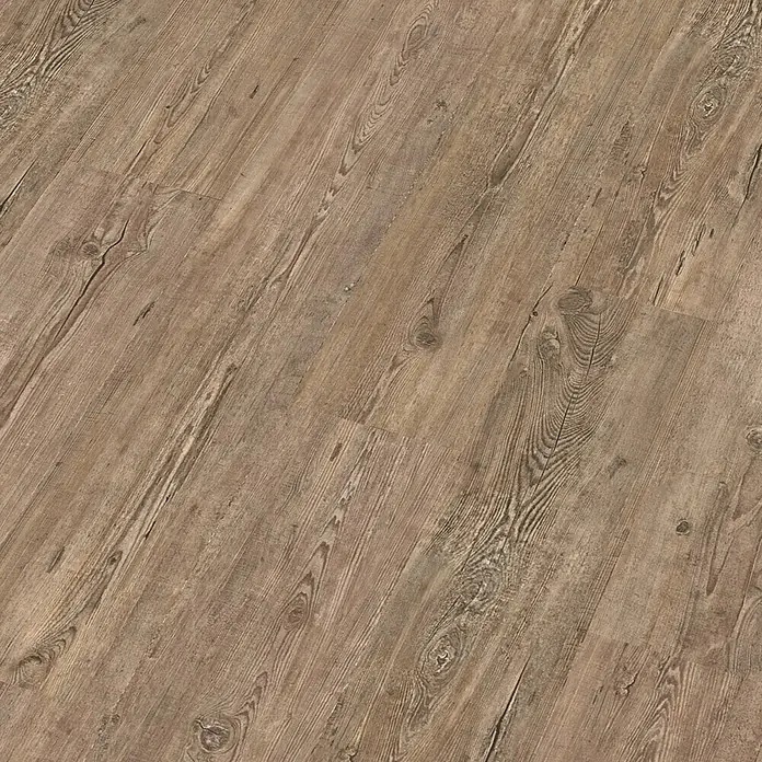 Decolife Vinylboden Comfort - Tuscan Pine, Landhausdiele, 1.220 x 185 x 10,5 mm - Nahaufnahme von braunem Holzlaminatboden mit natürlicher Holzmaserung und Knoten für ein rustikales Aussehen.