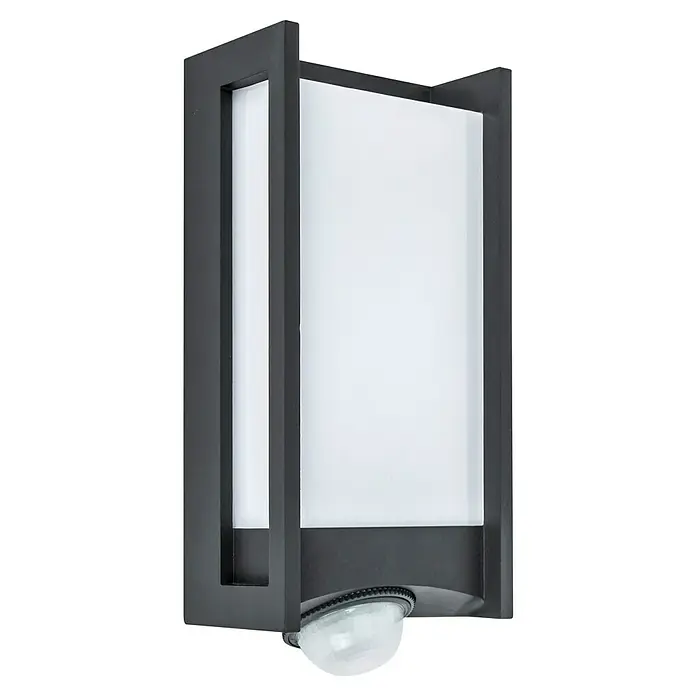 Lutec Qubo LED-Außenwandleuchte - 14 W, 10,6 x 11 x 27 cm, Anthrazit, IP54, Bewegungsmelder - Nahaufnahme einer modernen Außenleuchte mit Bewegungsmelder, umgeben von einem dunklen Rahmen und mattiertem Glas.