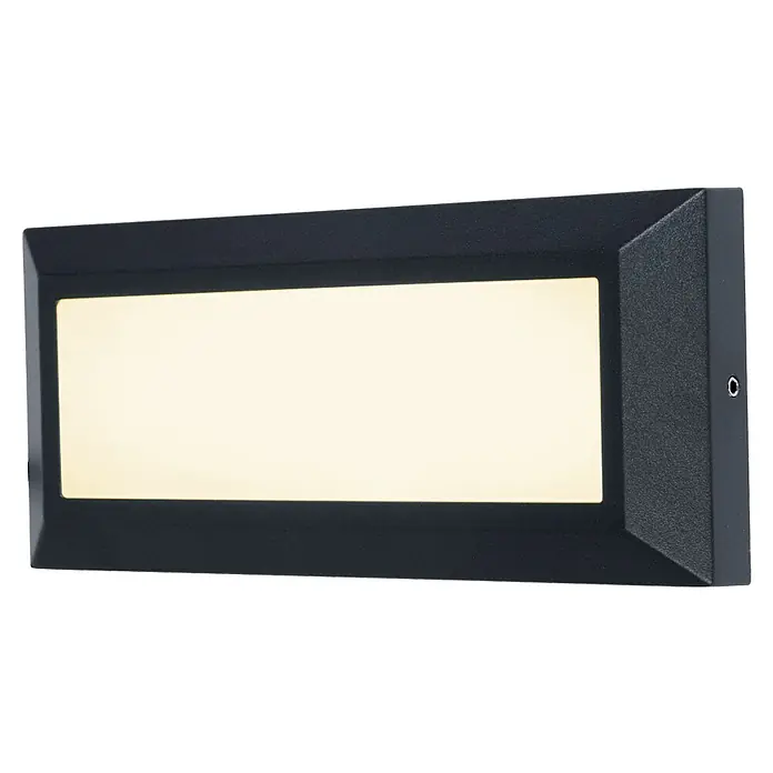 Lutec LED-Außenwandleuchte Helena - 11 W, 3,2 x 23 x 10,1 cm, Schwarz matt, IP54 - Nahaufnahme einer rechteckigen, schwarzen Wandleuchte mit einem hellen, rechteckigen Lichtbereich.