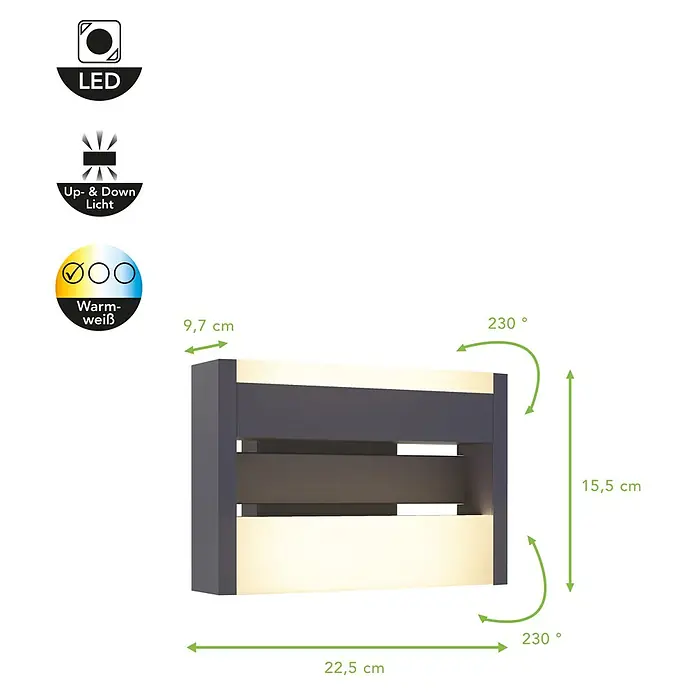 Lutec Conroy LED-Außenwandleuchte - 17,8 W, 22,5 x 15,5 x 9,7 cm, Anthrazit, IP44 - Produktbild einer LED-Wandleuchte mit Up- & Down-Licht und warmweißem Licht, inklusive Maßangaben für die Produktabmessungen.