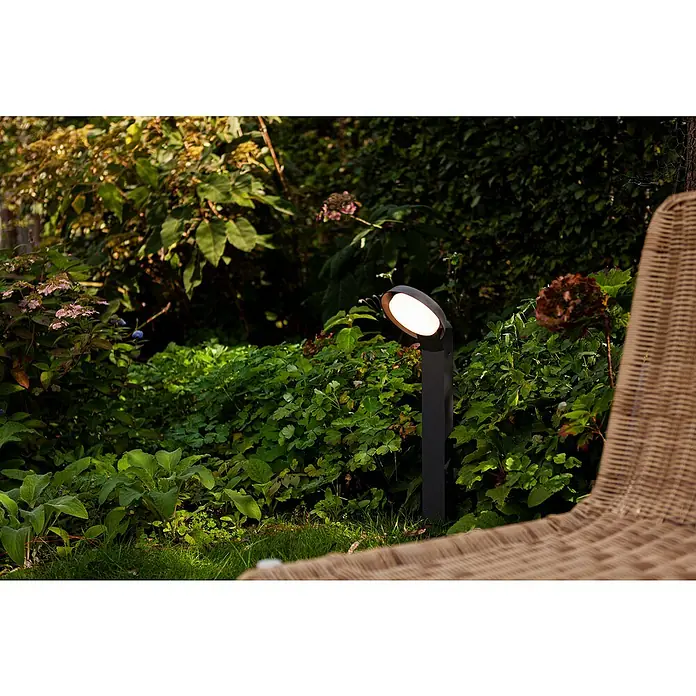 Lutec Polo Außensockelleuchte - 15 W, Farbe Gehäuse: Anthrazit, Warmweiß, 18 x 16,2 x 65 cm, Mit Leuchtmittel - Gartenleuchte in dunkler Farbe, die einen Gartenbereich beleuchtet. Das Licht ist warm und hell.